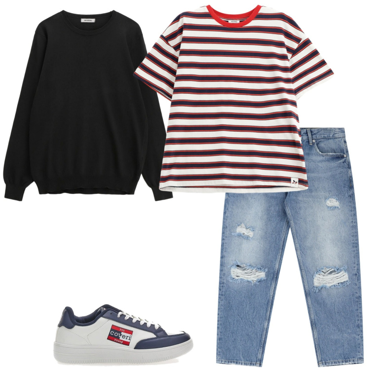 Outfit uomo - In libertà. Stile Casual per Tutti i giorni. Abbinamento con jeans strappati, t-shirt, maglieria, sneakers.