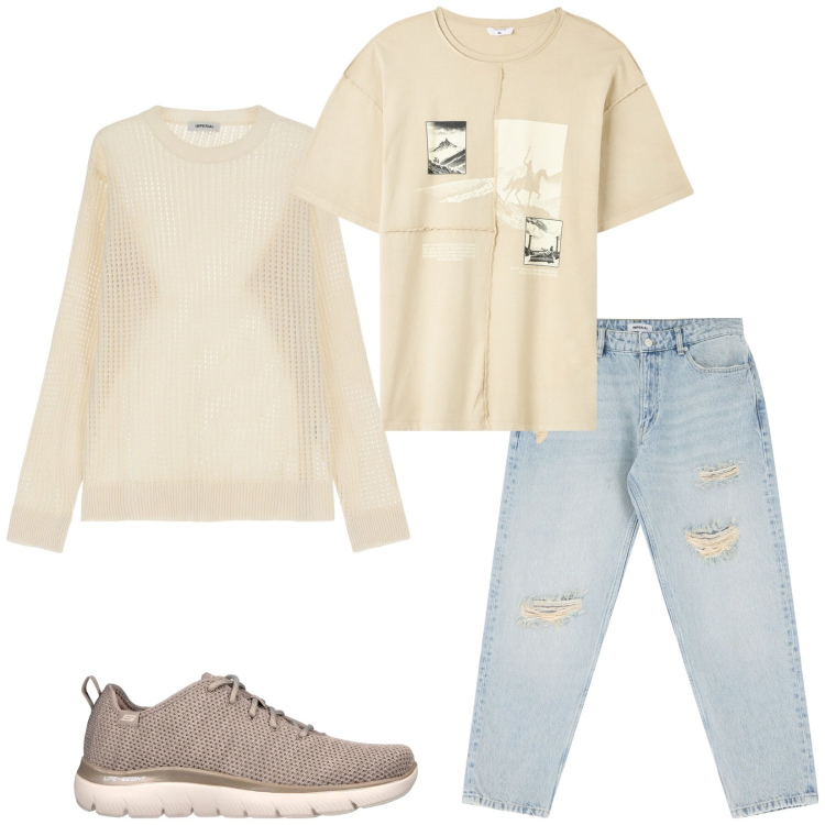 Outfit uomo - In chiaro. Stile Casual per Tutti i giorni. Abbinamento con t-shirt, jeans strappati, pullovers, sneakers.