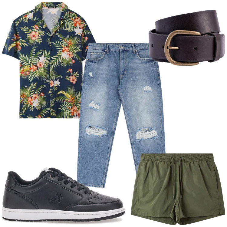 Outfit uomo - Total look #2226052. Stile Trendy per Mare. Abbinamento con camicie a manica corta, costumi, jeans strappati, sneakers, cinture.