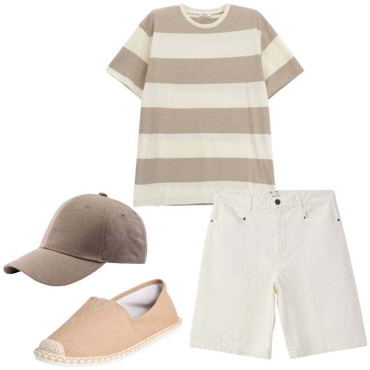 Outfit uomo - Estivo. Stile Casual per Tutti i giorni. Abbinamento con espadrillas, bermuda, t-shirt, cappelli con visiera.