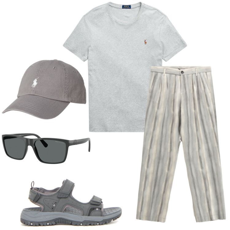 Outfit uomo - Semplice, coordinato. Stile Casual per Tutti i giorni. Abbinamento con pantaloni, cappelli, t-shirt, occhiali da sole, sandali.