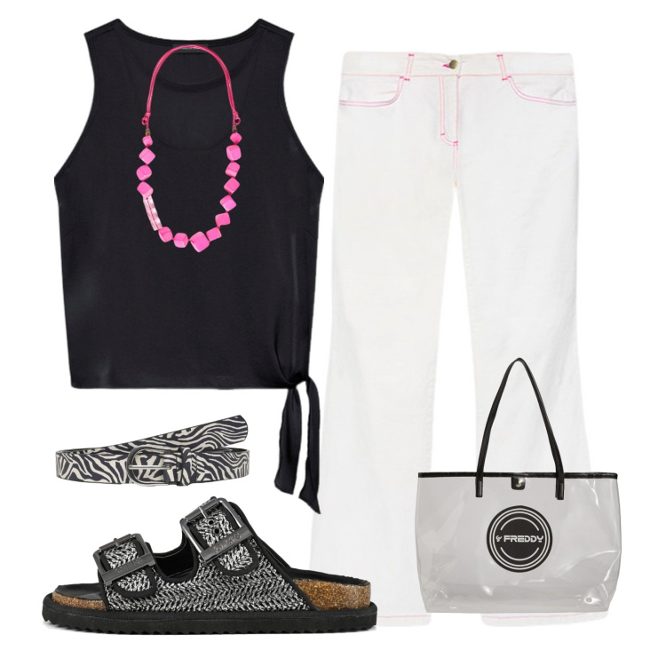Outfit donna - Dettagli!. Stile Casual per Mare. Abbinamento con cinture, shopping bag, sandali, pantaloni, top, collane.