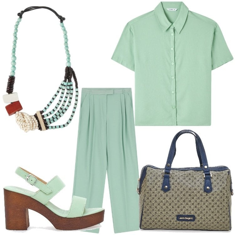 Outfit donna - Agosto in ufficio. Stile Chic per Ufficio. Abbinamento con camicie a manica corta, pantaloni, zoccoli, borse a spalla, collane.