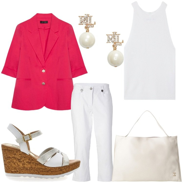 Outfit donna - La prof di recupero. Stile Chic per Scuola/Università. Abbinamento con pantaloni capri, top, borse a spalla, orecchini, blazer, zeppe.