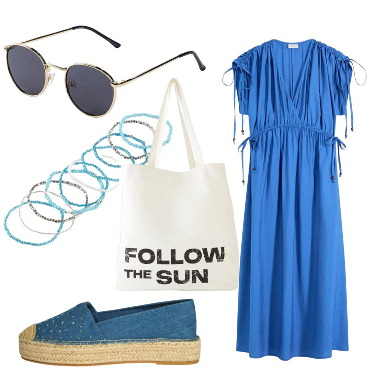 Outfit donna - Tempo Libero in vacanza. Stile Boho per Mare. Abbinamento con occhiali da sole, vestiti lunghi, braccialetti, shopping bag, espadrillas.