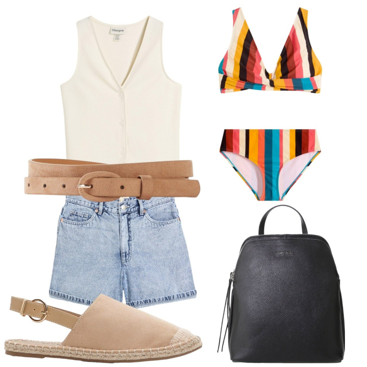 Outfit donna - Tempo di mare. Stile Casual per Mare. Abbinamento con bikini, espadrillas, shorts, cinture, maglieria, zaini.