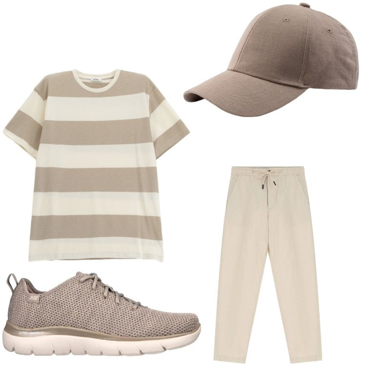 Outfit uomo - Righe bianco e beige. Stile Casual per Tutti i giorni. Abbinamento con pantaloni chino, t-shirt, sneakers, cappelli con visiera.