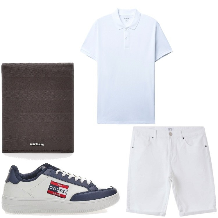 Outfit uomo - Il mio bianco. Stile Casual per Tutti i giorni. Abbinamento con bermuda, polo, portafogli, sneakers.