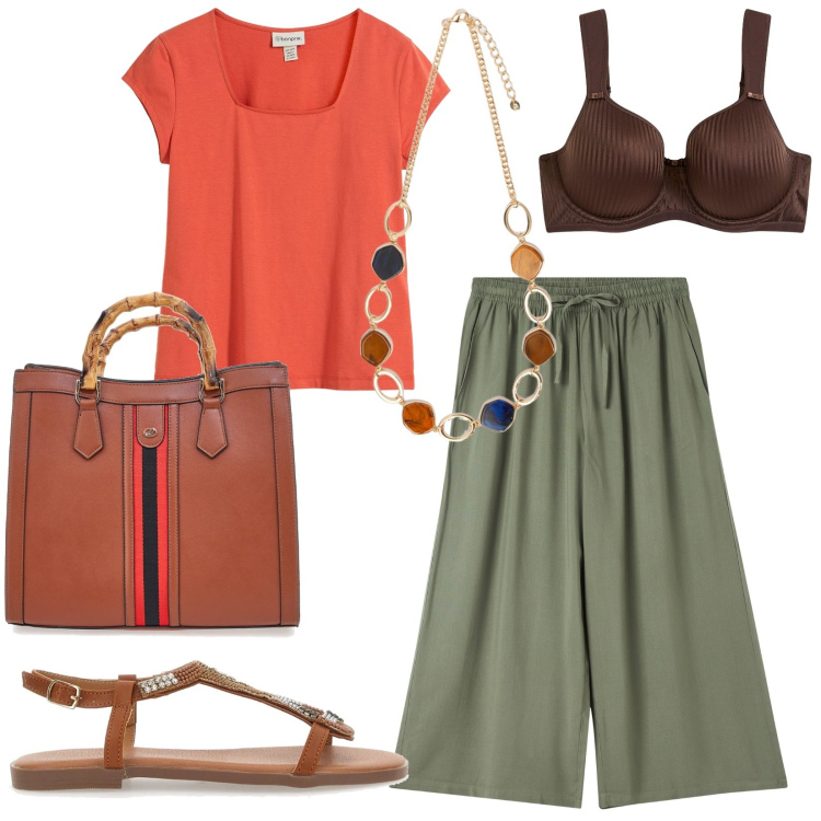 Outfit donna - Estate in libertà. Stile Etnico per Tutti i giorni. Abbinamento con reggiseni, t-shirt, pantaloni a palazzo, sandali gioiello, borse a tracolla, collane.