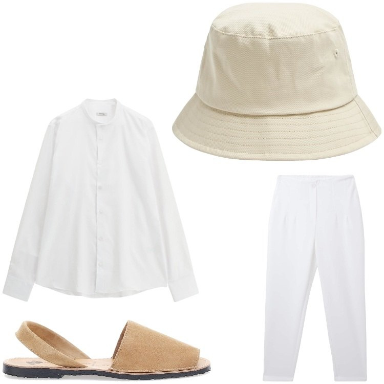 Outfit uomo - majorca. Stile Casual per Mare. Abbinamento con cappelli, pantaloni chino, camicie, sandali.