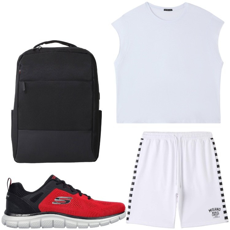 Outfit uomo - Palestra. Stile Casual per Sport. Abbinamento con bermuda, t-shirt sportive, borse sportive, scarpe sportive.