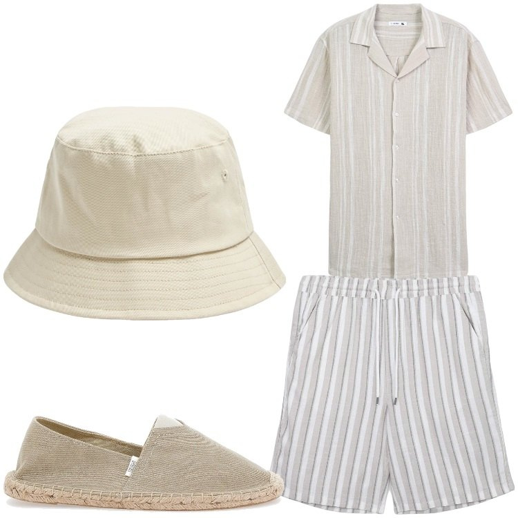 Outfit uomo - Righe ad agosto. Stile Casual per Tutti i giorni. Abbinamento con cappelli, camicie a manica corta, pantaloni corti, espadrillas.