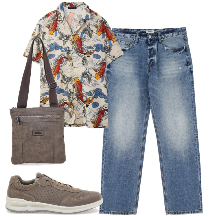 Outfit uomo - Borse a tracolla. Stile Urban per Tutti i giorni. Abbinamento con camicie a manica corta, jeans, portafogli, sneakers.