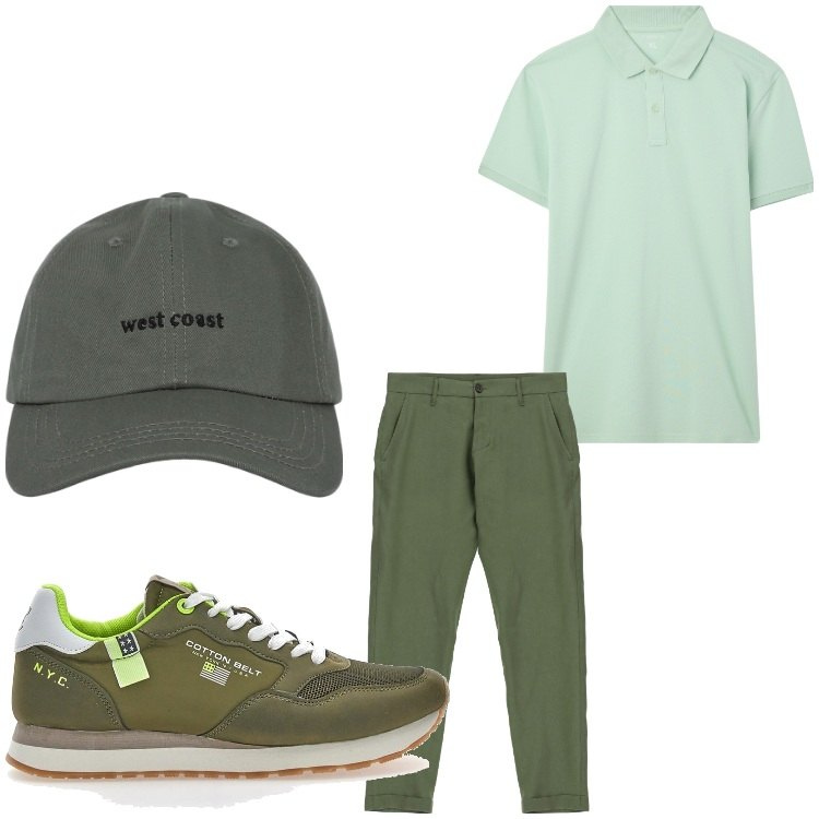 Outfit uomo - Animo green. Stile Casual per Tutti i giorni. Abbinamento con cappelli con visiera, polo, pantaloni, sneakers.