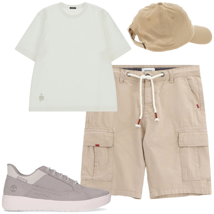 Outfit uomo - Agosto. Stile Casual per Tutti i giorni. Abbinamento con bermuda, t-shirt, cappelli, sneakers.
