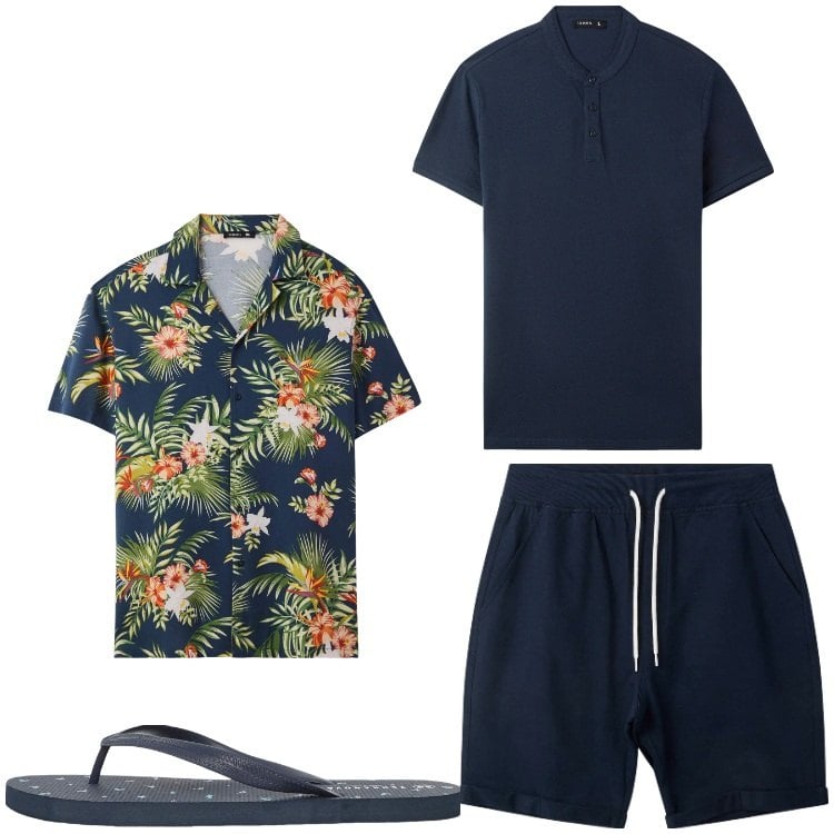 Outfit uomo - Floreale. Stile Casual per Tutti i giorni. Abbinamento con pantaloni corti, camicie a manica corta, sandali, t-shirt.