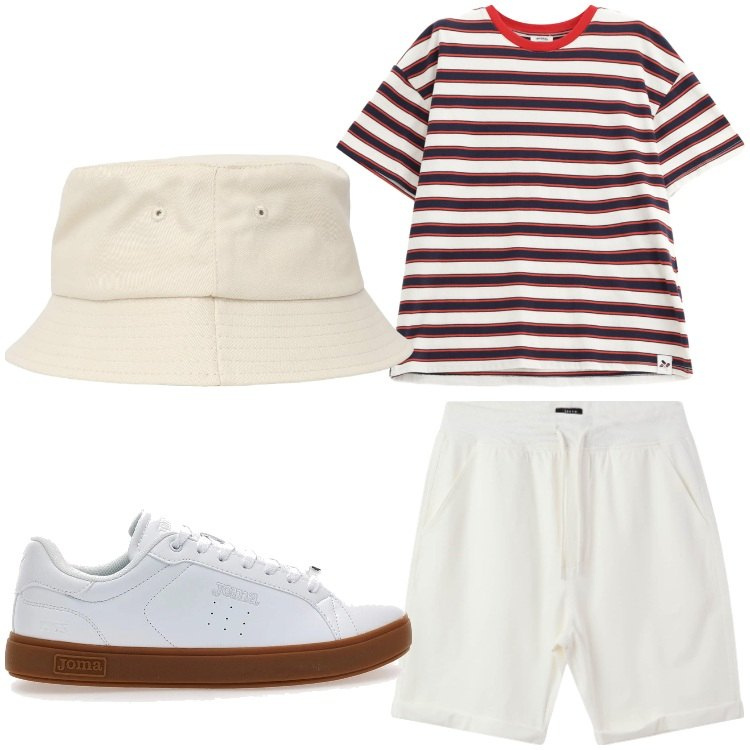 Outfit uomo - Stile marinaro. Stile Casual per Tutti i giorni. Abbinamento con cappelli, pantaloni corti, t-shirt, sneakers.