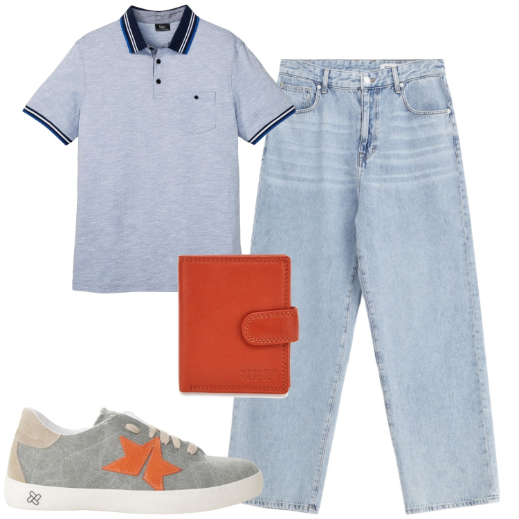 Outfit uomo - Agosto. Stile Casual per Tutti i giorni. Abbinamento con polo, sneakers, jeans, portafogli.