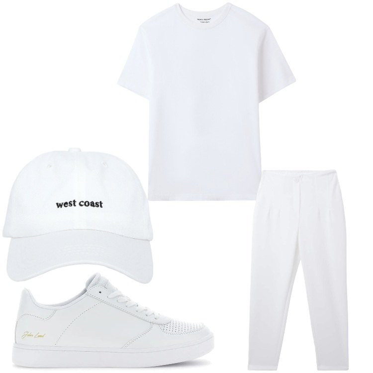 Outfit uomo - Una festa in bianco. Stile Casual per Serata speciale. Abbinamento con cappelli, pantaloni chino, t-shirt, sneakers.