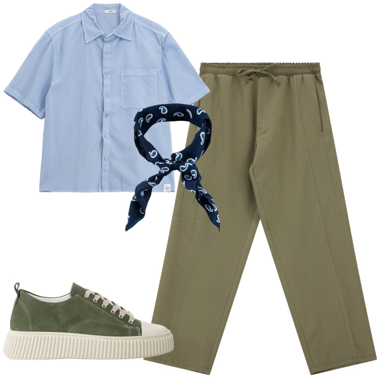 Outfit uomo - City. Stile Trendy per Tutti i giorni. Abbinamento con pantaloni cargo, sneakers, camicie, sciarpe e foulard.