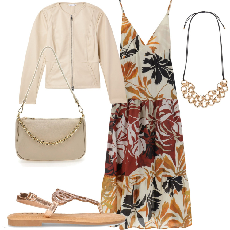 Outfit donna - Agosto. Stile Casual chic per Tutti i giorni. Abbinamento con blazer, vestiti lunghi, collane, borse a tracolla, sandali in pelle.