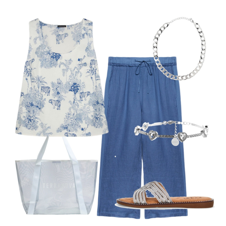 Outfit donna - Blu e argento!. Stile Casual per Tutti i giorni. Abbinamento con collane, shopping bag, braccialetti, pantaloni, top, ciabatte.