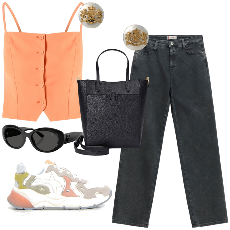 Outfit donna - Agosto. Stile Casual chic per Tutti i giorni. Abbinamento con canottiere, jeans dritti, orecchini, occhiali da sole, borse tote, sneakers.