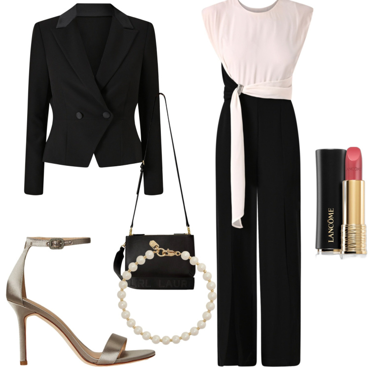Outfit donna - Cerimonia. Stile Chic per Cerimonia. Abbinamento con rossetti, blazer, tute, borse a tracolla, braccialetti, sandali col tacco.
