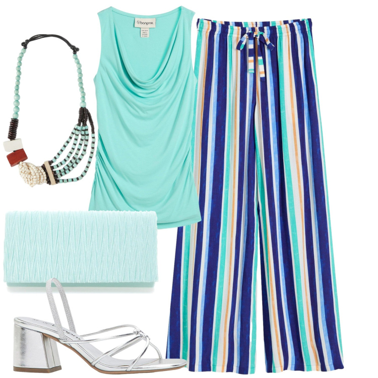 Outfit donna - Agosto. Stile Urban per Tutti i giorni. Abbinamento con top, pantaloni, sandali col tacco, pochette, collane.