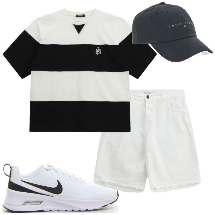 Outfit uomo - Giro in barca. Stile Urban per Mare. Abbinamento con bermuda, t-shirt, cappelli, sneakers.