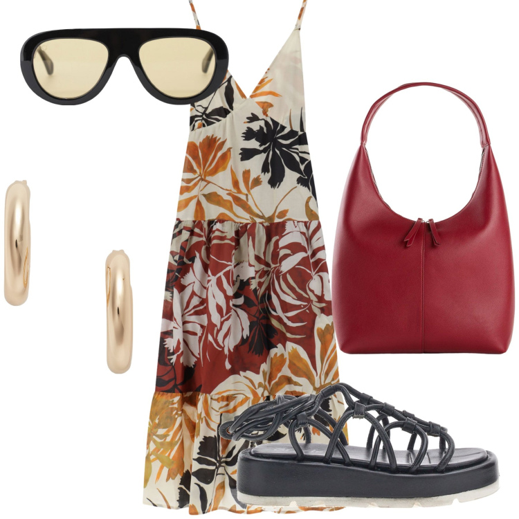 Outfit donna - Sotto la palma. Stile Trendy per Tutti i giorni. Abbinamento con shopping bag, vestiti lunghi, occhiali da sole, orecchini, sandali alla schiava.