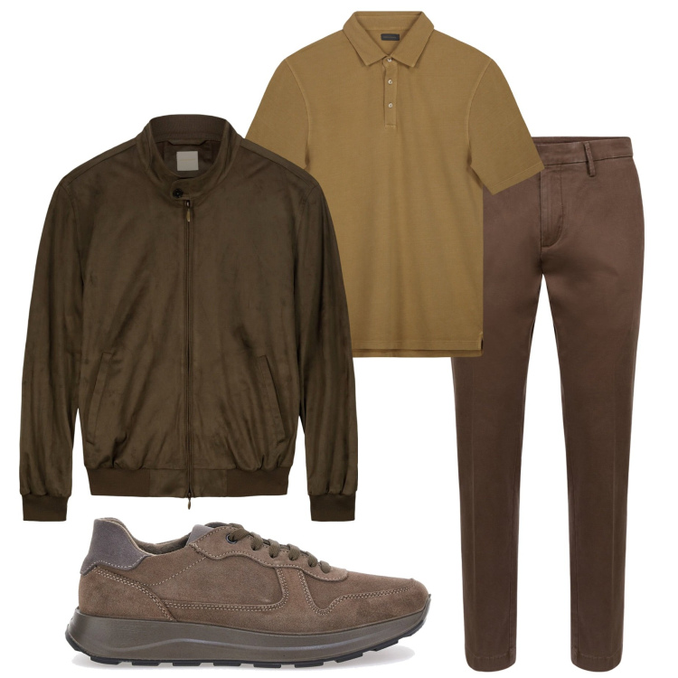 Outfit uomo - Mocha mousse. Stile Urban per Tutti i giorni. Abbinamento con giacche, scarpe stringate, polo, pantaloni chino.