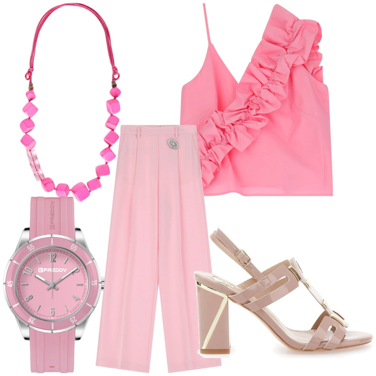 Outfit donna - Il rosa. Stile Chic per Tutti i giorni. Abbinamento con pantaloni, top, orologi, sandali col tacco, collane.