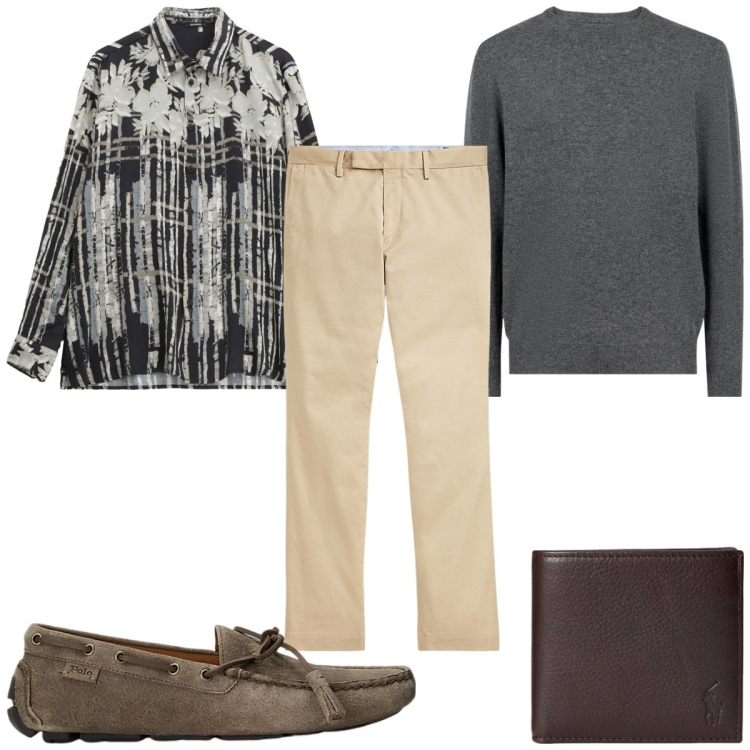 Outfit uomo - Total look #2226132. Stile Trendy per Tutti i giorni. Abbinamento con camicie, scarpe stringate, pantaloni chino, portafogli, maglieria.
