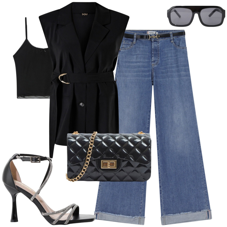 Outfit donna - City. Stile Casual chic per Serata fuori. Abbinamento con borse a tracolla, top, gilet, jeans, occhiali da sole, sandali col tacco.