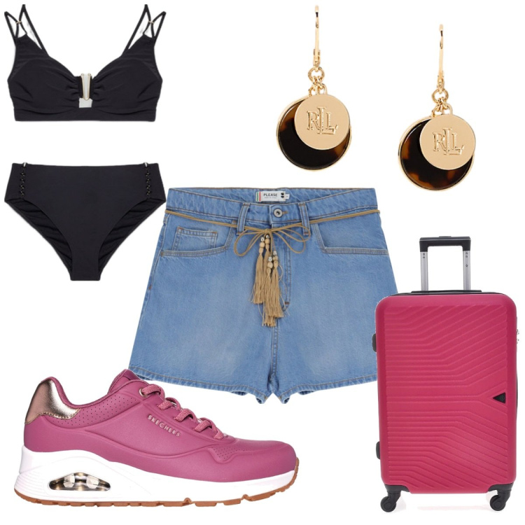 Outfit donna - Total look #2226138. Stile Basic per Mare. Abbinamento con shorts, orecchini, sneakers, bikini, valigie.
