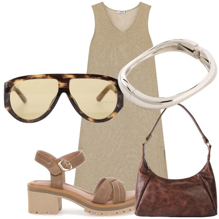 Outfit donna - Al supermercato. Stile Urban per Tutti i giorni. Abbinamento con borse a mano, braccialetti, vestiti midi/longuette, occhiali da sole, sandali in pelle.