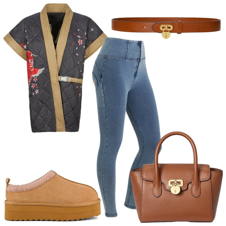 Outfit donna - Total look #2226140. Stile Trendy per Tutti i giorni. Abbinamento con jeggings, borse a mano, cinture, kimono, sabot.