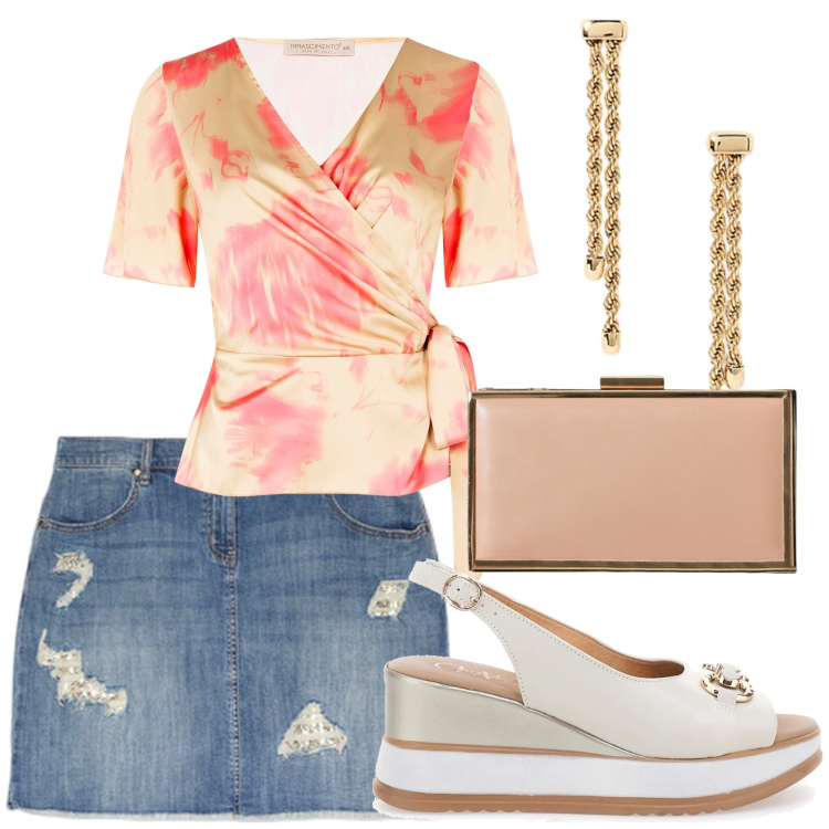 Outfit donna - Gonna jeans. Stile Casual chic per Tutti i giorni. Abbinamento con pochette, bluse, orecchini, sandali in pelle, minigonne.