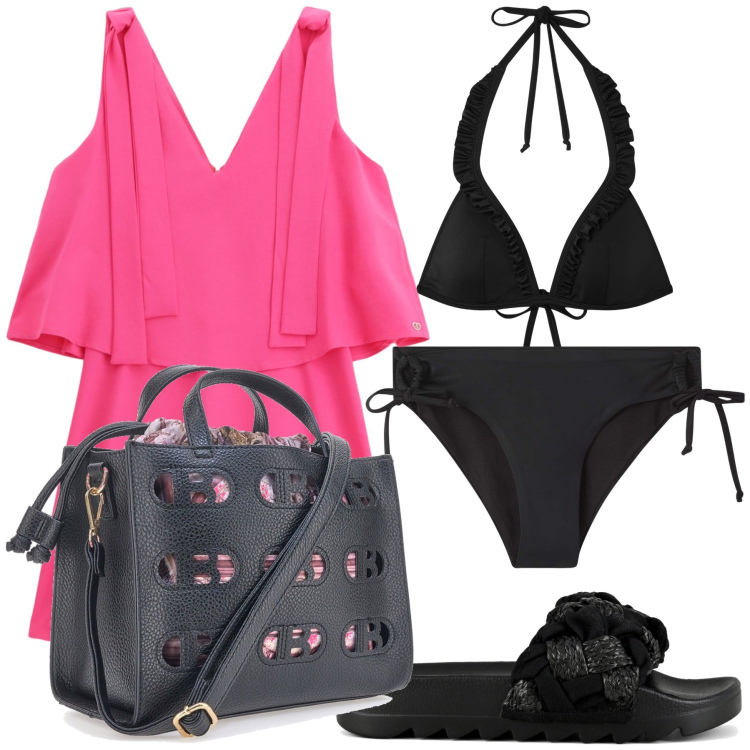 Outfit donna - Black bikini forever. Stile Trendy per Mare. Abbinamento con bikini, bikini, vestiti corti, borse a mano, ciabatte.