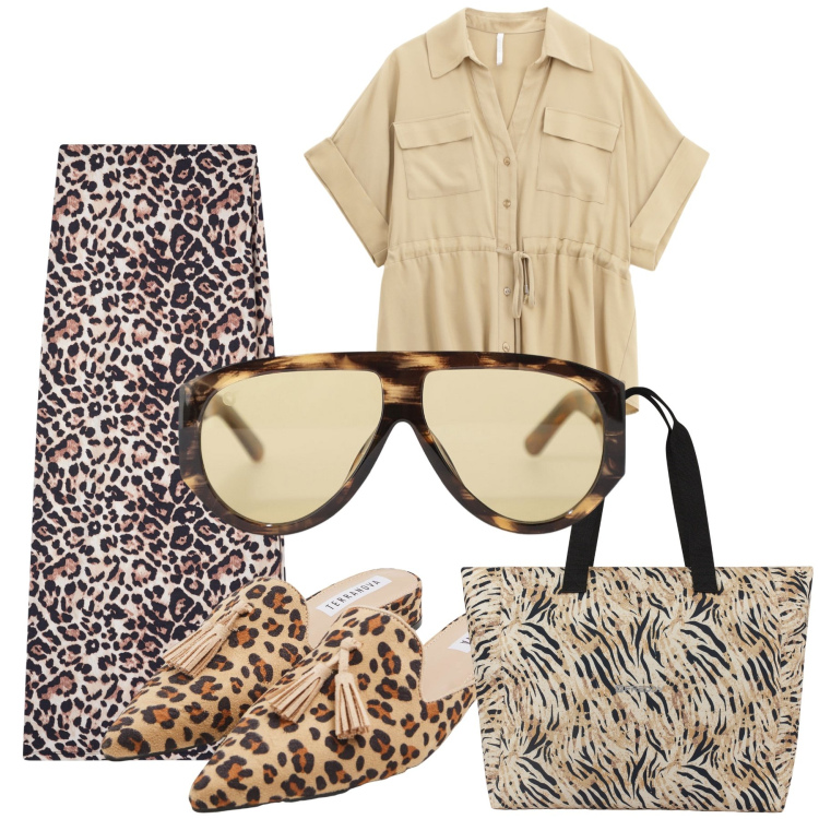 Outfit donna - Animalier and the city. Stile Urban per Tutti i giorni. Abbinamento con sabot, gonne lunghe, occhiali da sole, camicie a manica corta, shopping bag.
