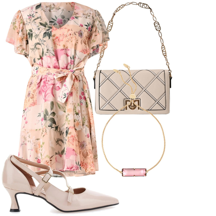 Outfit donna - Vestito romantico. Stile Chic per Serata fuori. Abbinamento con borse a tracolla, vestiti corti, braccialetti, décolleté.