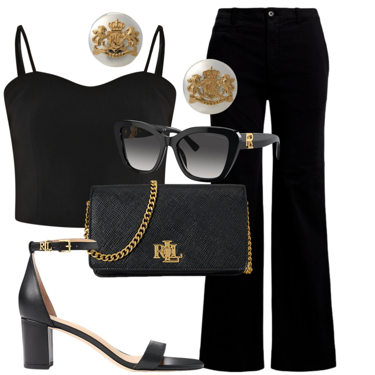 Outfit donna - Black. Stile Chic per Serata fuori. Abbinamento con top, orecchini, borse a tracolla, pantaloni, occhiali da sole, sandali in pelle.