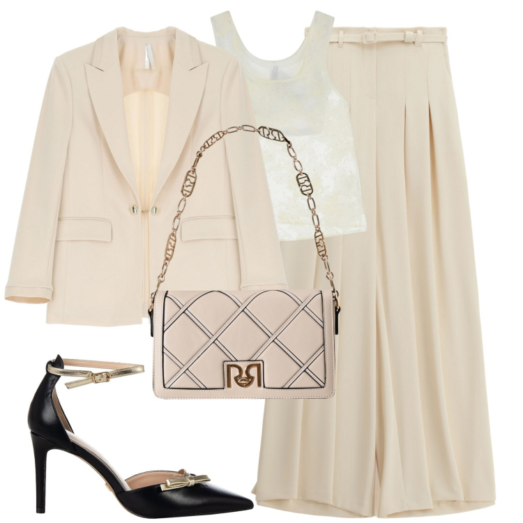 Outfit donna - Monochrome. Stile Chic per Cerimonia. Abbinamento con décolleté, borse a tracolla, blazer, pantaloni a palazzo, top.
