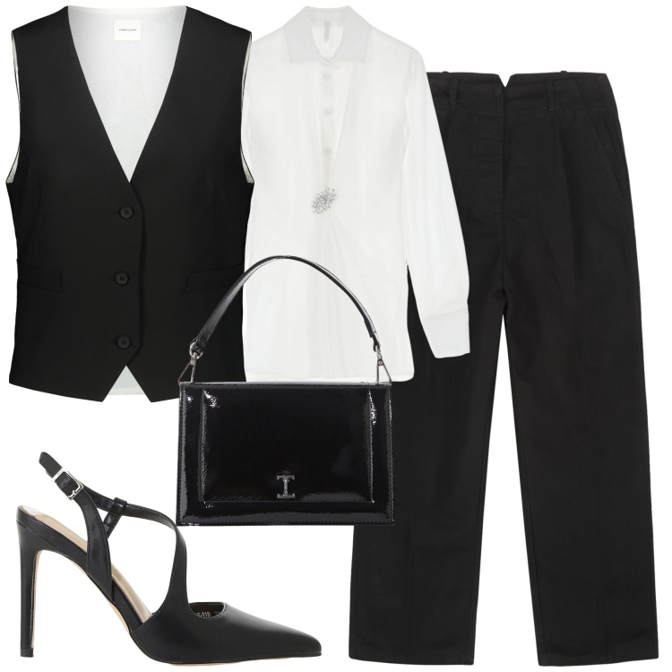 Outfit donna - B&w. Stile Urban per Ufficio. Abbinamento con décolleté, camicie, borse a tracolla, gilet, pantaloni.