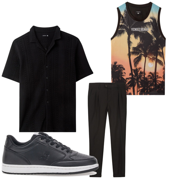 Outfit uomo - Tropical. Stile Casual per Serata speciale. Abbinamento con canottiere, camicie a manica corta, pantaloni, sneakers.