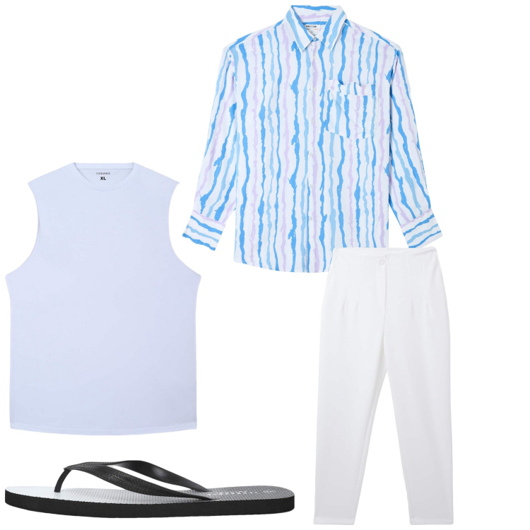 Outfit uomo - Aperitivo in spiaggia. Stile Casual per Serata speciale. Abbinamento con camicie, pantaloni chino, sandali, canottiere.