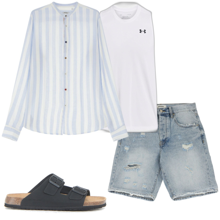 Outfit uomo - Summer. Stile Trendy per Tutti i giorni. Abbinamento con bermuda, camicie, canottiere, sandali.