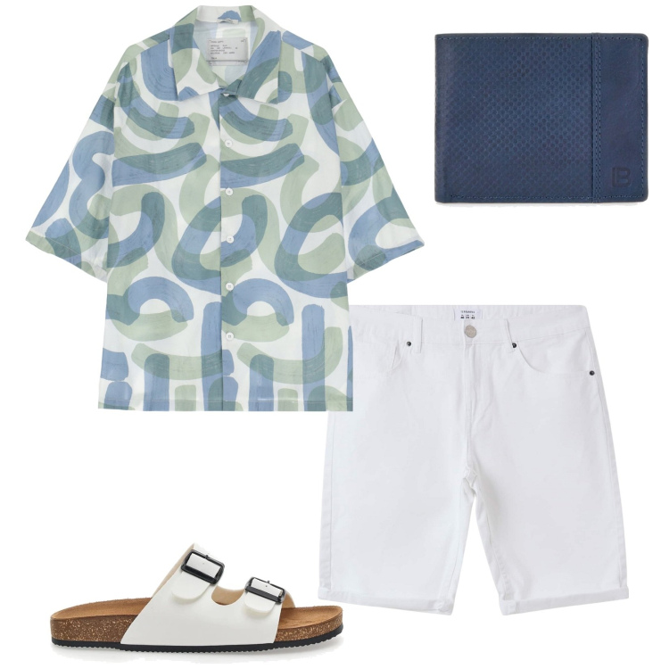 Outfit uomo - Cena in riva al mare. Stile Trendy per Serata speciale. Abbinamento con bermuda, camicie a manica corta, sandali, portafogli.