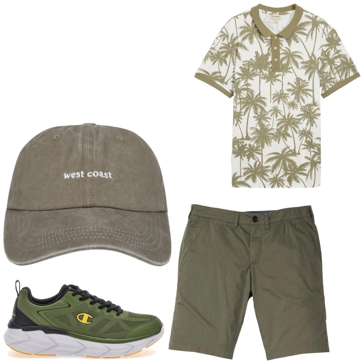 Outfit uomo - Tropicana. Stile Casual per Tutti i giorni. Abbinamento con bermuda, polo, cappelli, sneakers.